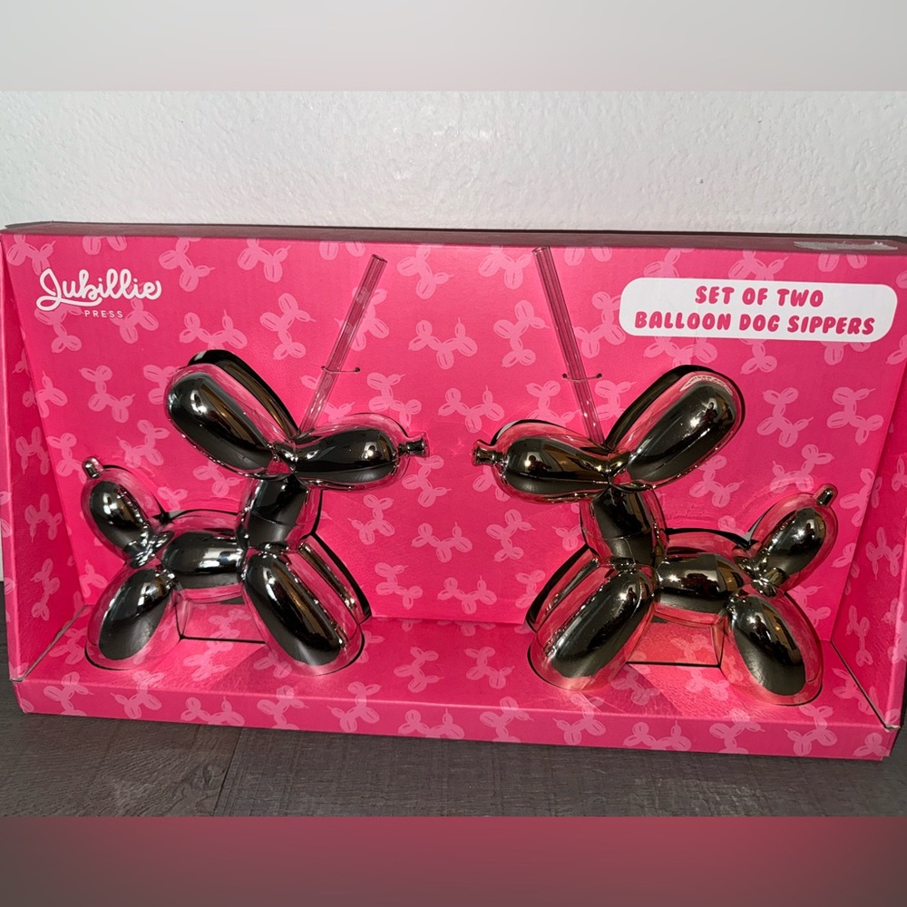 New In Box Set of Two Metallic Balloon Dog Beverage Sippers by Jubilee